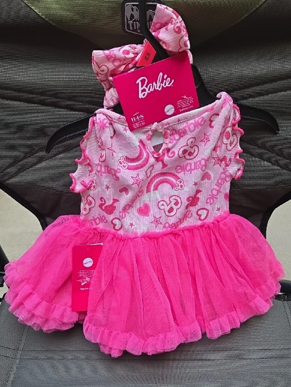 Barbie Hot Pink Printed Tutu Dress with Matching Bow Size 18 Months New